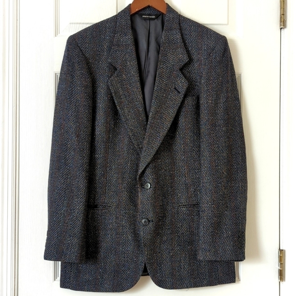 Pierre Cardin 80's Vintage Union Made Herringbone Woven Blazer Jacket Navy 42R